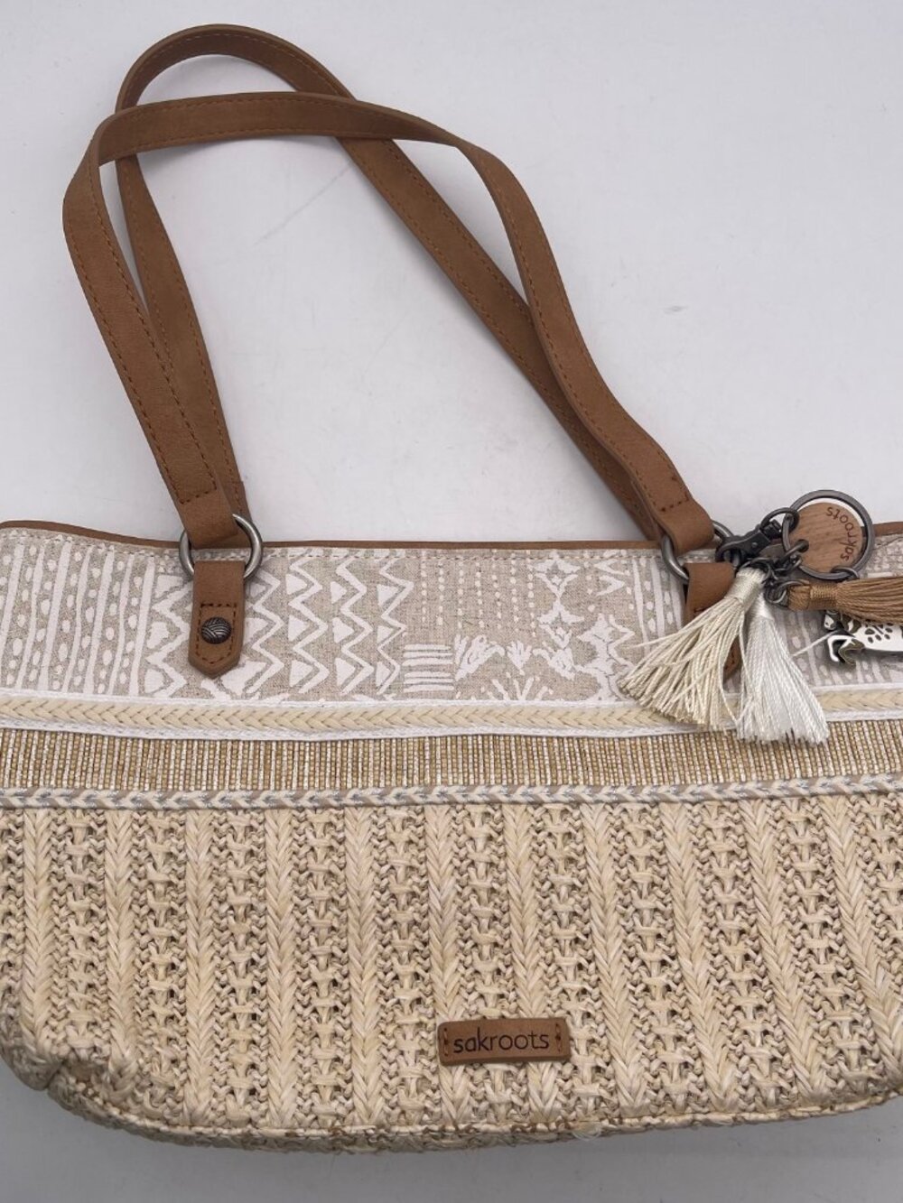 Sakroots Tote Shoulder Bag 7.5 x 12.5 Inches Boho Y2K Cream Coastal Beaded T26